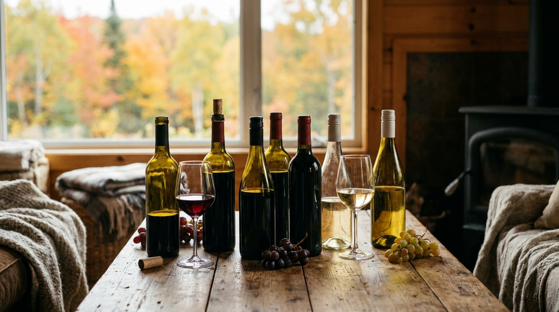 Canadian red and white wine bottles with two filled glasses on a rustic wooden table in warm autumn light