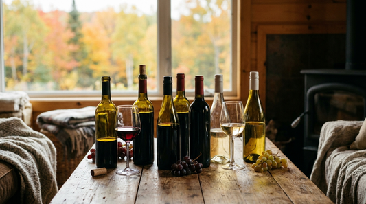 Canadian red and white wine bottles with two filled glasses on a rustic wooden table in warm autumn light