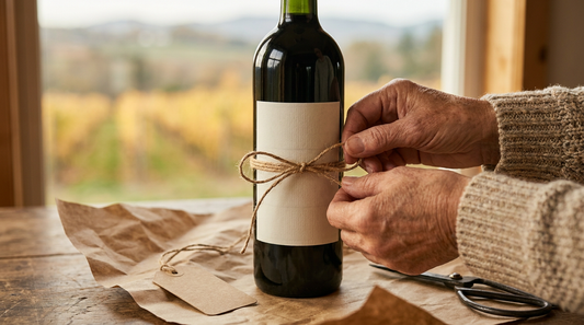 Hands tying a ribbon around a wine bottle wrapped as a gift, with a Canadian vineyard visible through the window in the fall