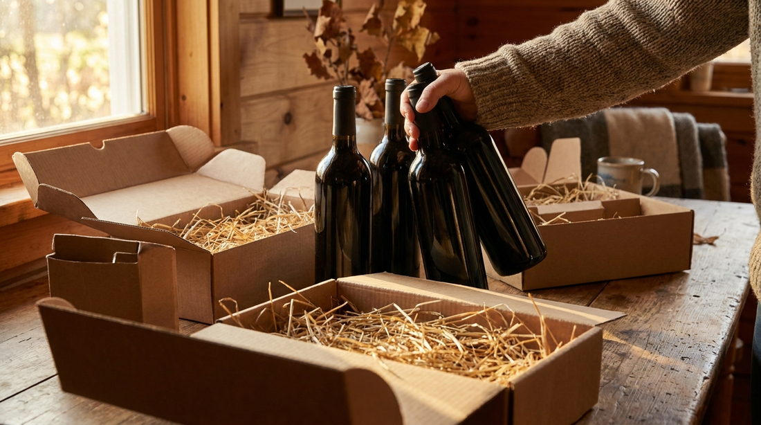 Several opened wine subscription boxes and bottles on a table in warm afternoon light