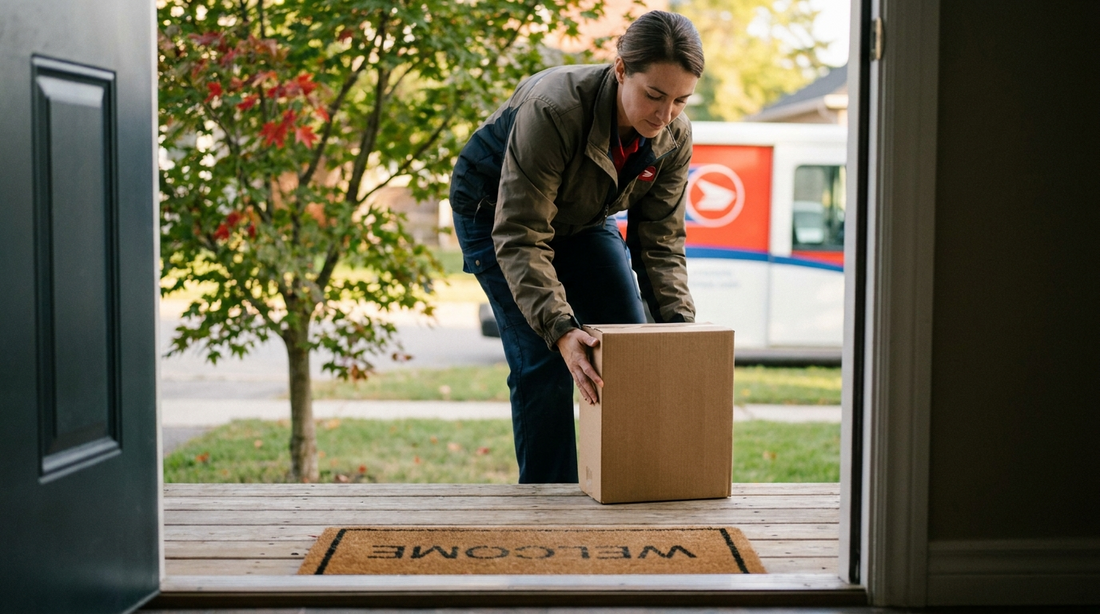 A courier delivering a wine box to a doorstep in a Canadian neighbourhood in late summer