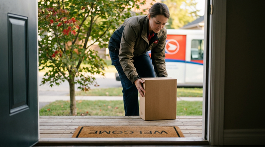 A courier delivering a wine box to a doorstep in a Canadian neighbourhood in late summer