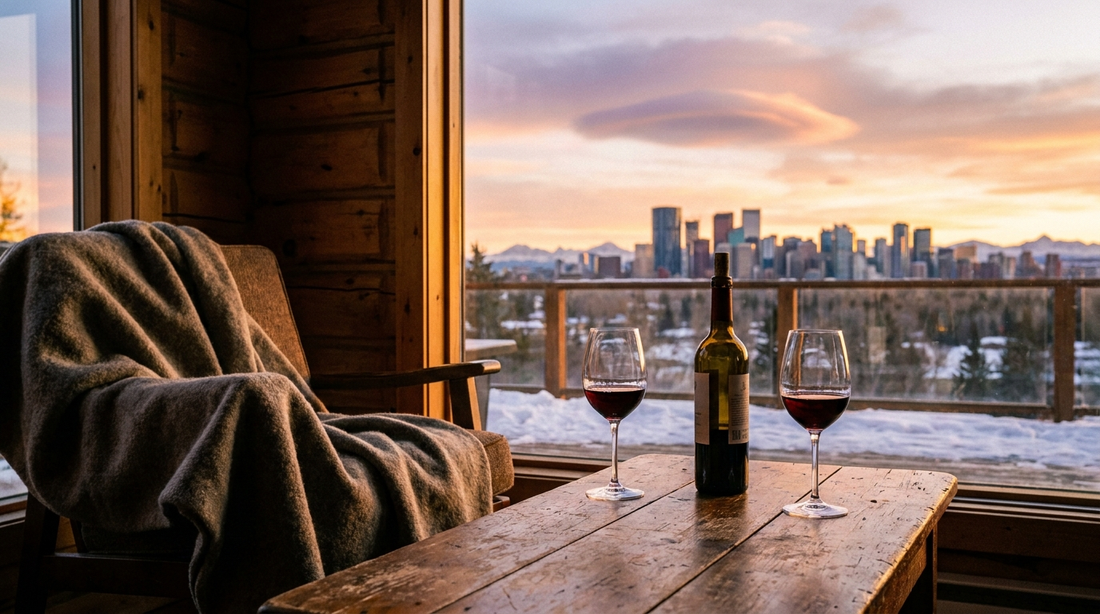 Two glasses of red wine on a table with the Calgary skyline and Rocky Mountains in the background at golden hour