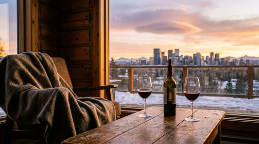 Two glasses of red wine on a table with the Calgary skyline and Rocky Mountains in the background at golden hour