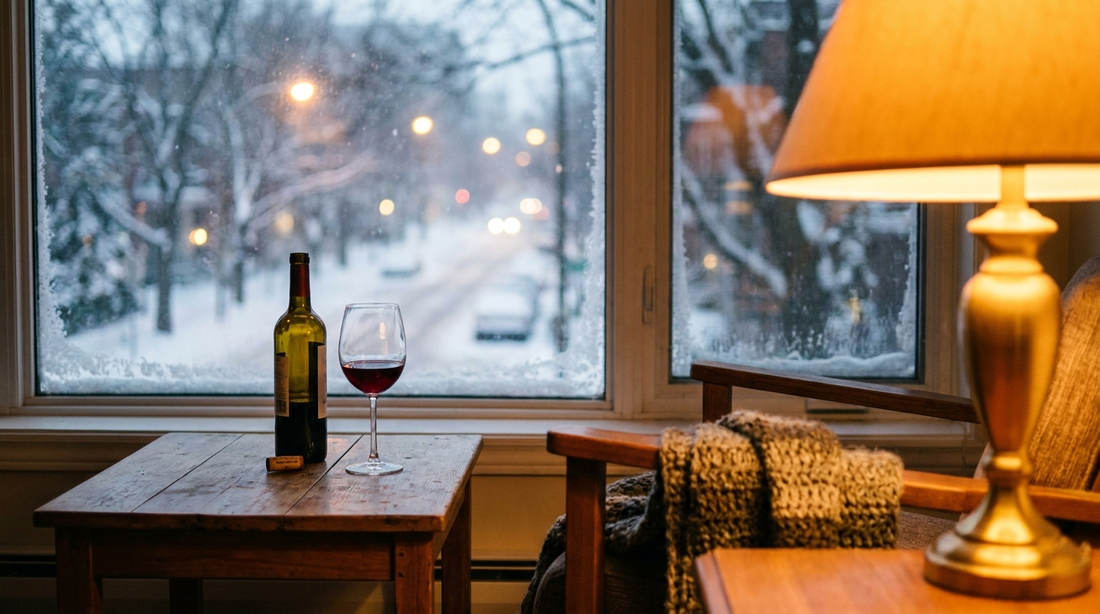 A glass and bottle of red wine on a table beside a frosted window overlooking snowy Montreal in winter