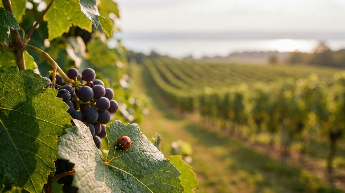 A red and black ladybug on a grapevine leaf beside ripening grapes, with vineyard rows running downhill toward Lake Ontario behind it