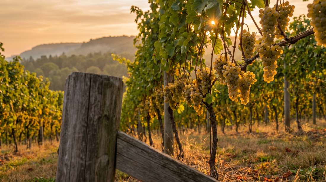 Vineyard row of white wine grapes on the Beamsville Bench in Niagara, Ontario, in early autumn light