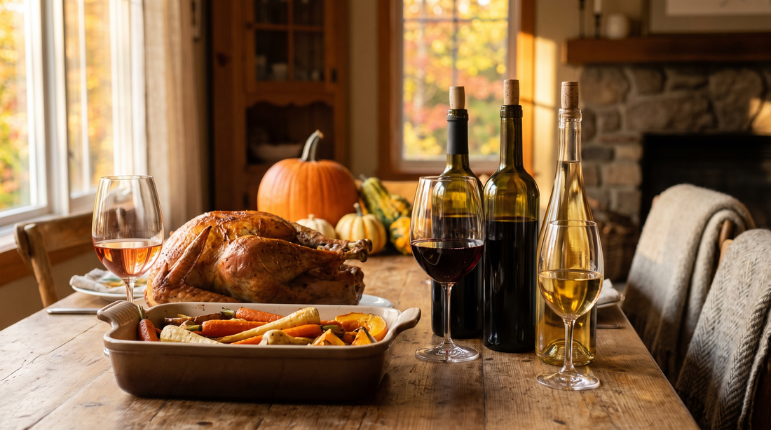 A Canadian Thanksgiving table with roasted turkey, roasted root vegetables, and three glasses of wine, autumn light through the window