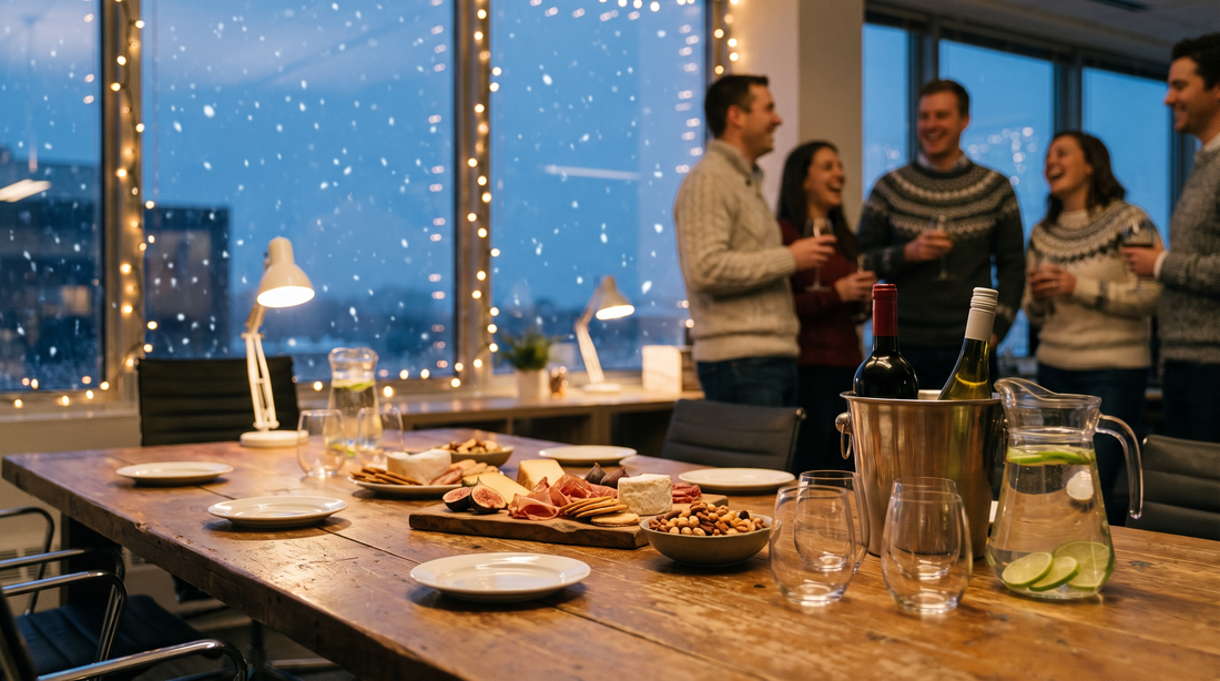 A long office table set for a holiday party with stemless glasses, a cheese board, two bottles in an ice bucket and a jug of sparkling water with lime, snow falling outside the window