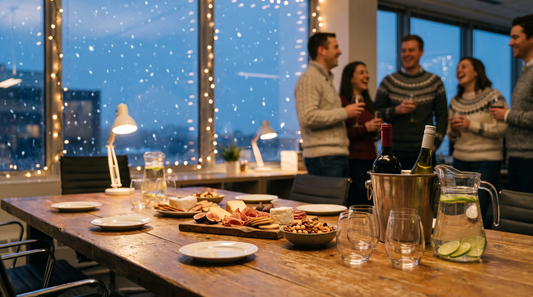 A long office table set for a holiday party with stemless glasses, a cheese board, two bottles in an ice bucket and a jug of sparkling water with lime, snow falling outside the window