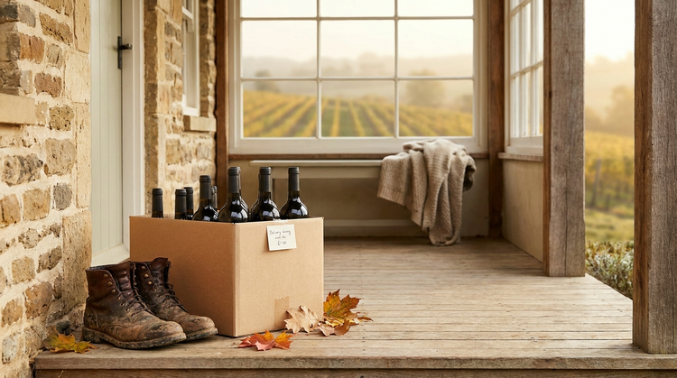 A wine delivery box on a Canadian doorstep in autumn, with a vineyard visible through a window behind it