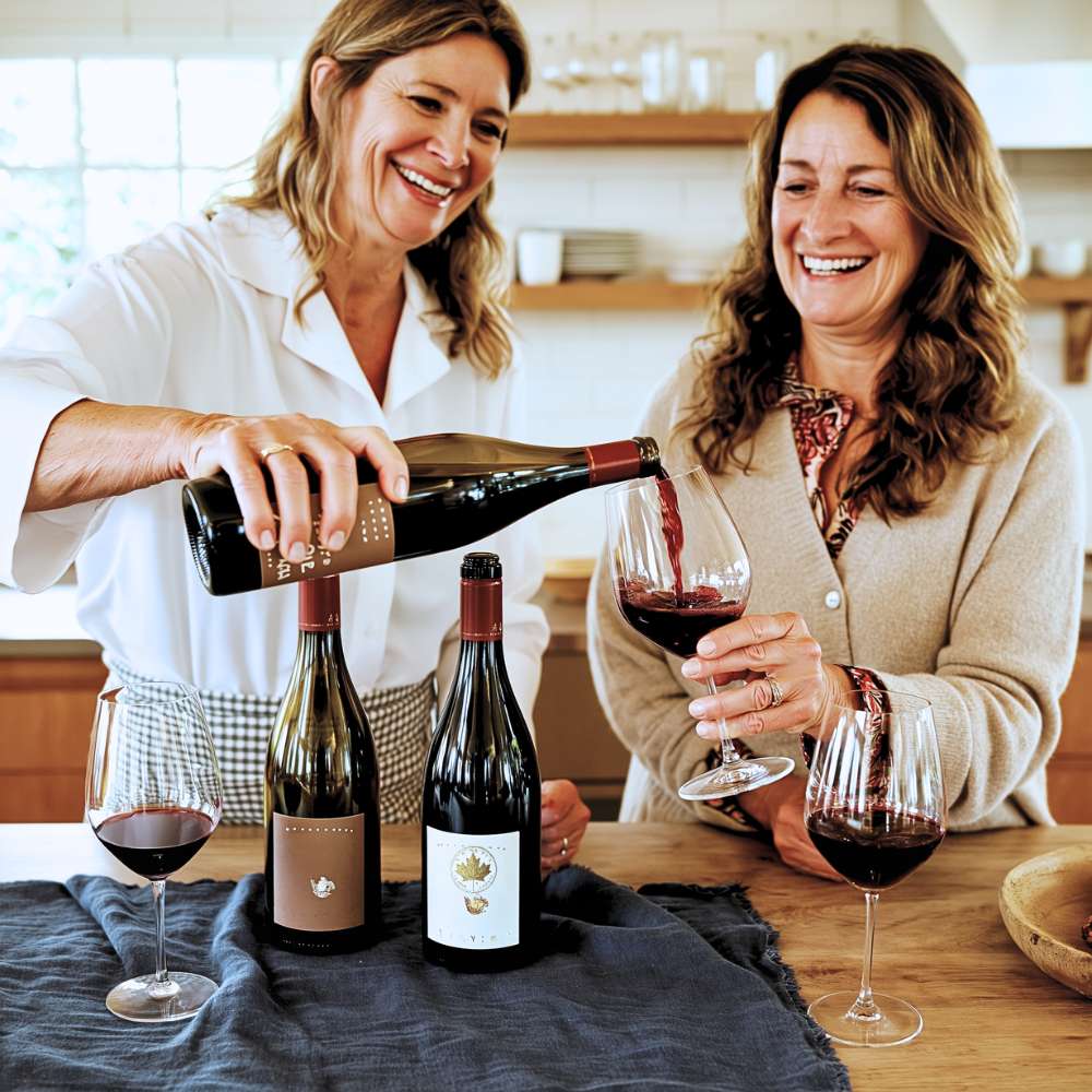 Two women pouring red wine into glasses in a kitchen setting.
