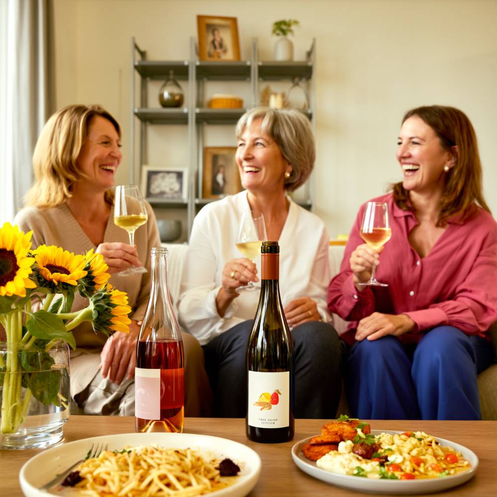 Three women enjoying a meal and wine together in a cozy indoor setting.