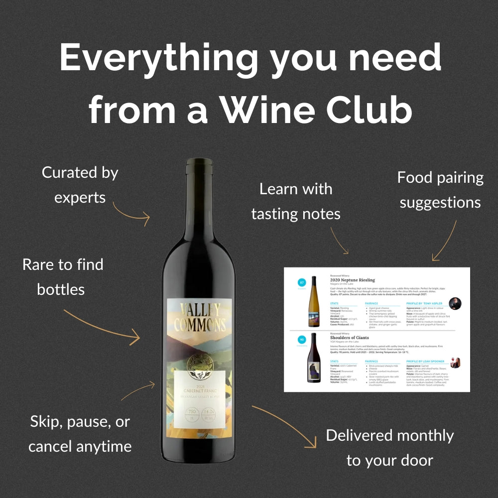 Wine club promotion with benefits of joining wine subscription with a bottle of wine and tasting notes showcase