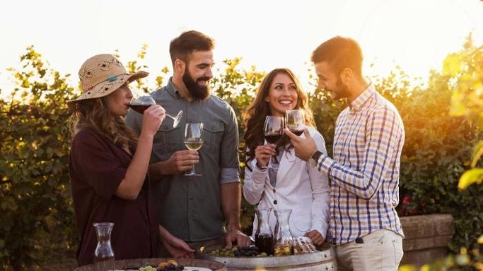 Four friends ad a scenic vineyard with red and white glass bottles smiling in late afternoon