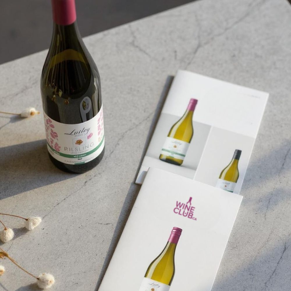 Wine bottle with a label and Wine Club brochures on a concrete surface.