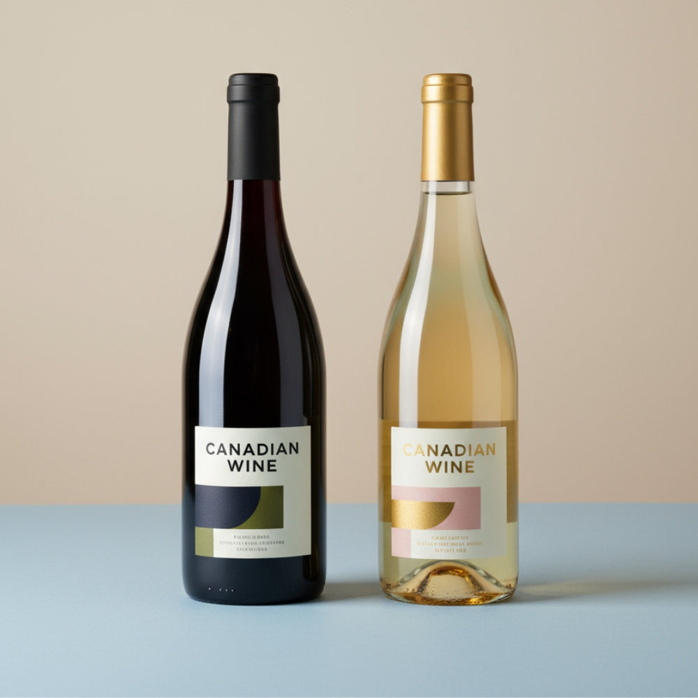 Two wine bottles for wine subscription, one red and one white, on a gradient background