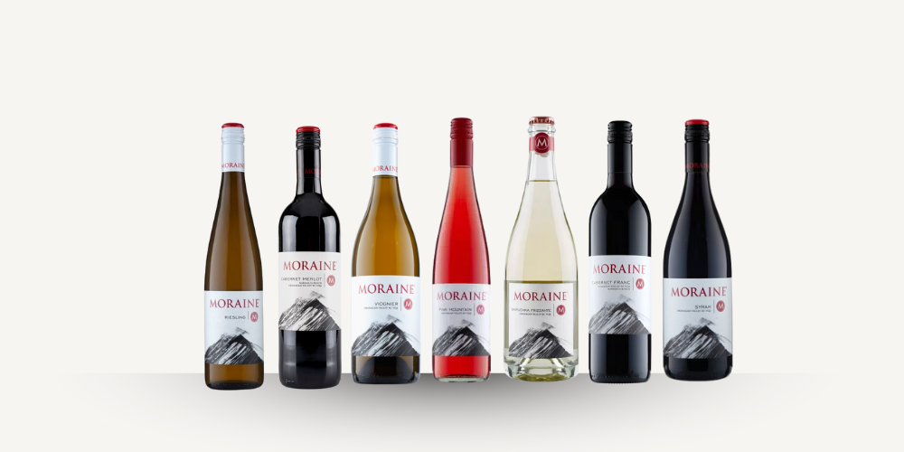 Row of Moraine wine bottles on a white background
