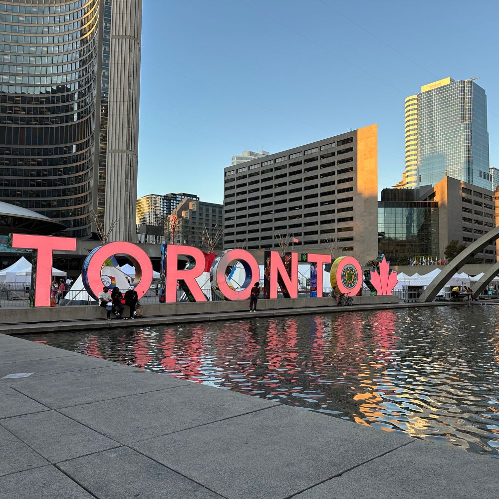 Nathan Phillips Square in Toronto showing wine gift basket