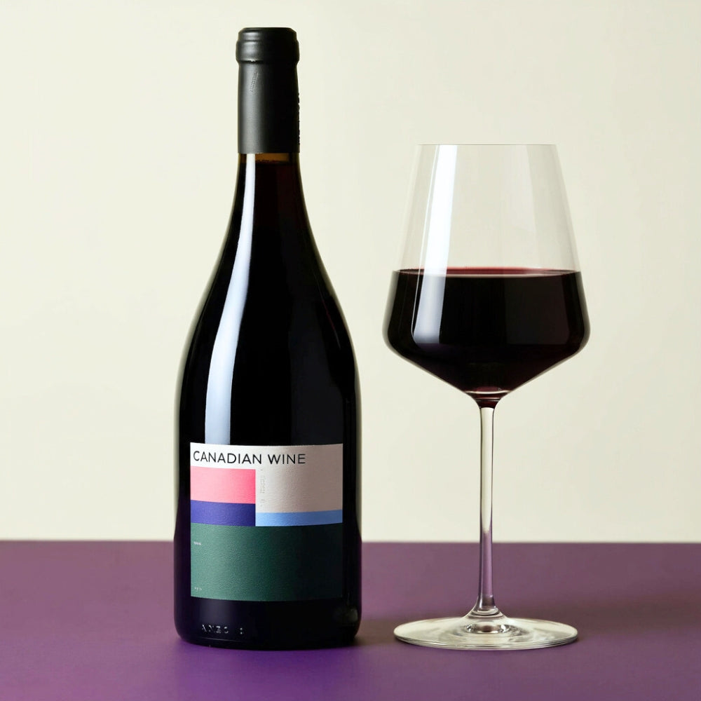 Bottle of Canadian wine for wine subscription with a glass of red wine on a purple surface