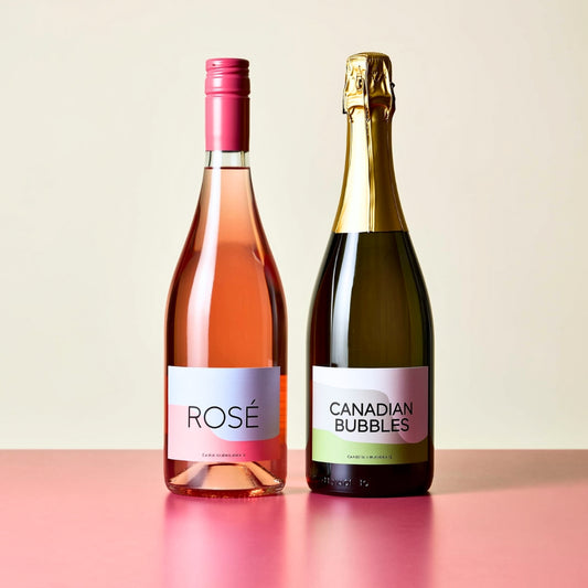 Two bottles of Canadian Rosé and Canadian Bubbles on a pink surface with a light gray background
