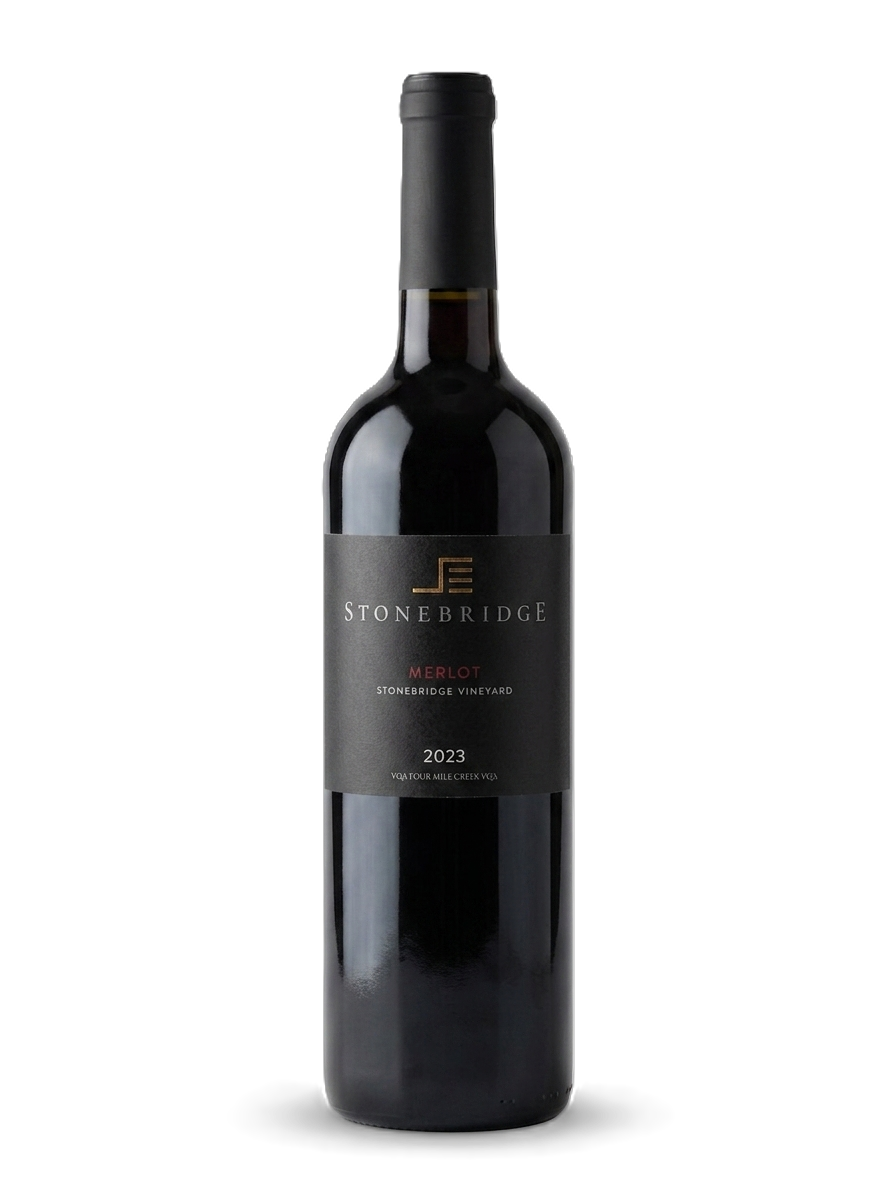 Black wine bottle with 'Stonebridge' label on a white background