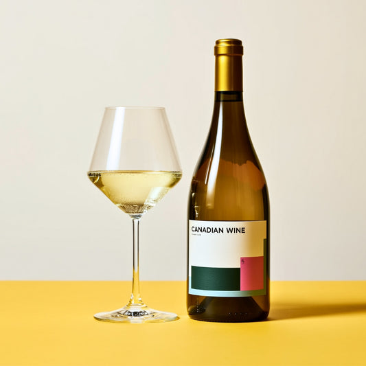 Bottle of Canadian white wine for a wine subscription with a glass on a yellow background