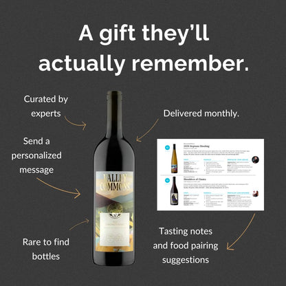 Wine bottle with text highlighting gift features of a wine gift subscription service 