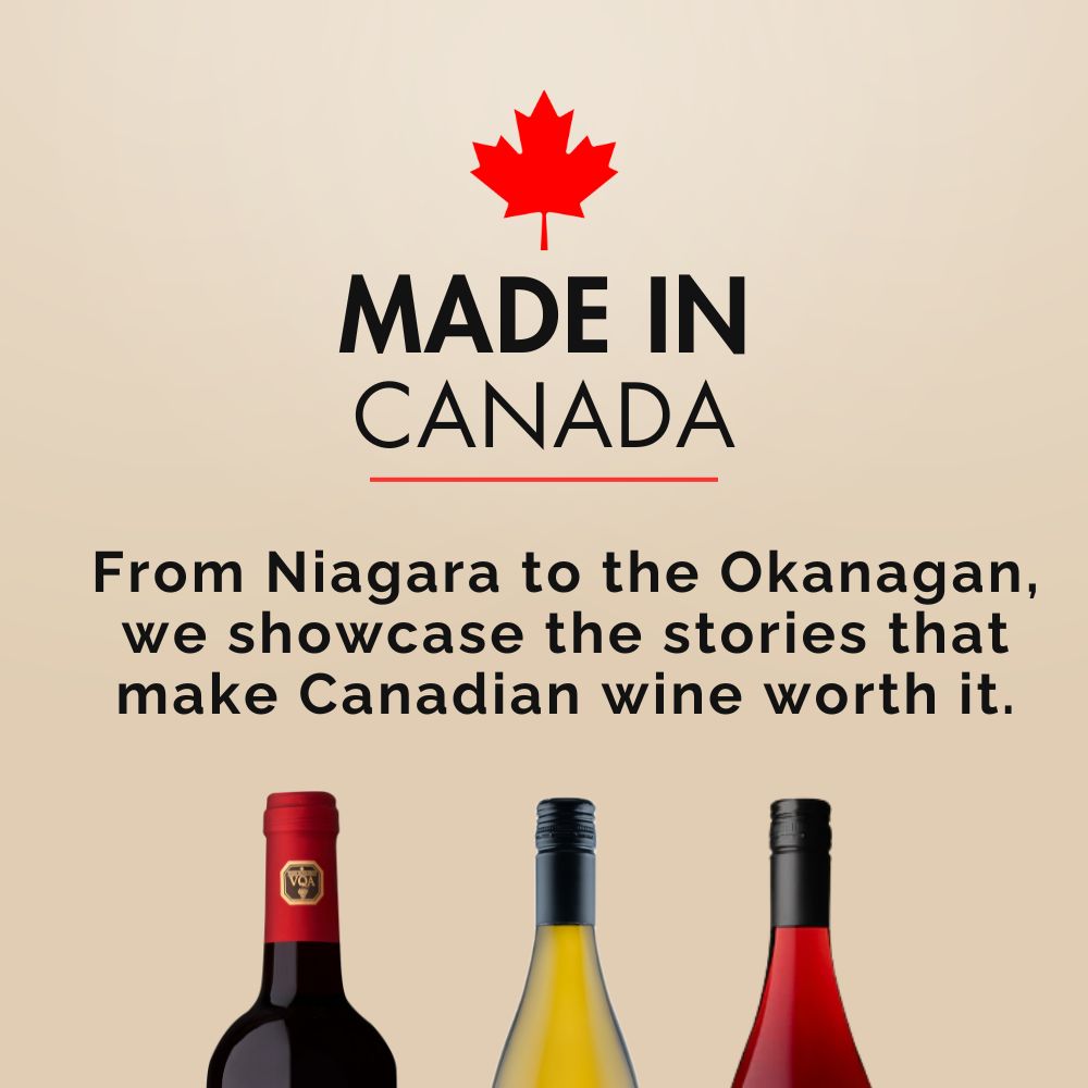 Promotional graphic for Canadian wine gifts with text and wine bottles on a beige background