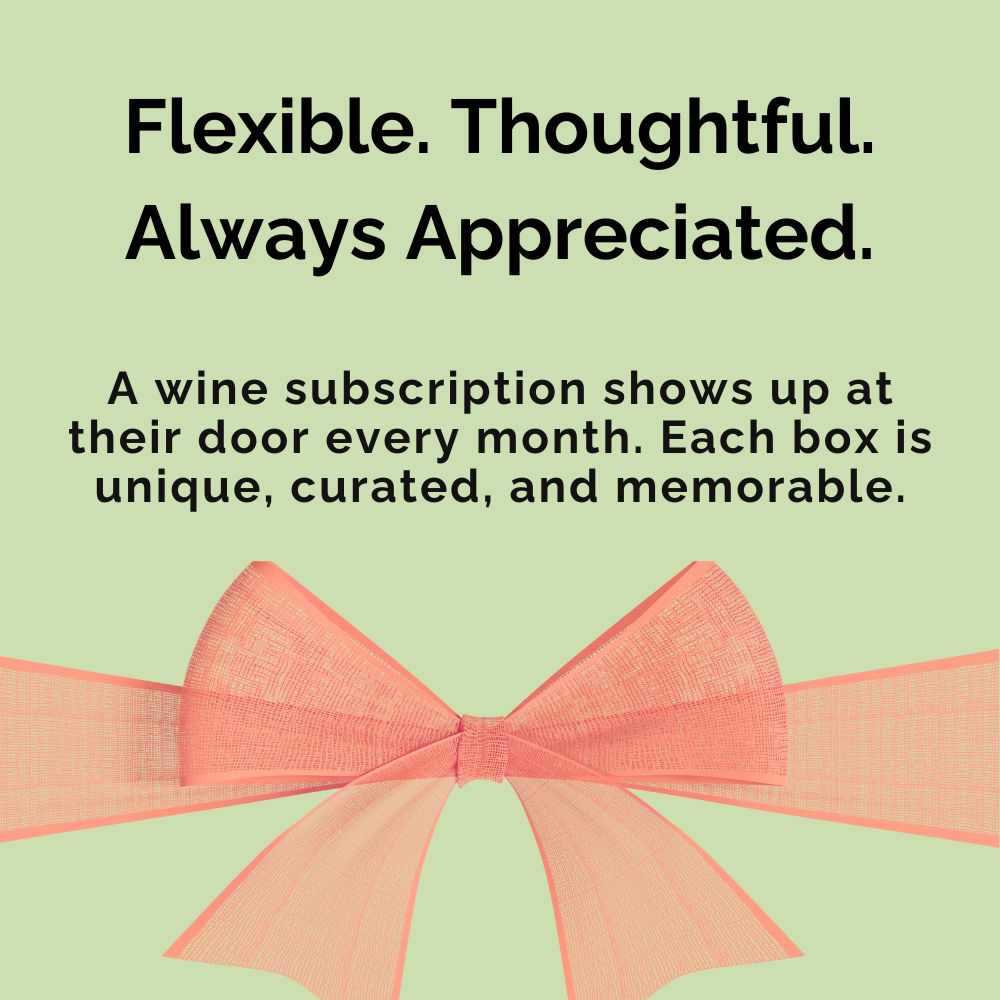 Wine subscription promotion with a pink bow on a light green background