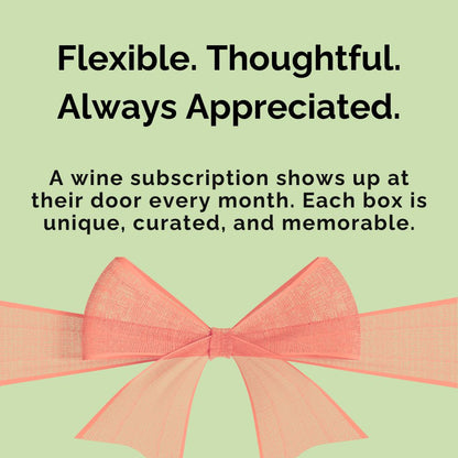 Wine subscription promotion with a pink bow on a light green background