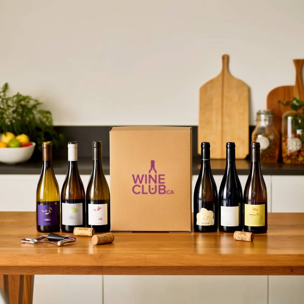 Wine bottles and a box labeled 'Wine Club.ca' on a wooden table.