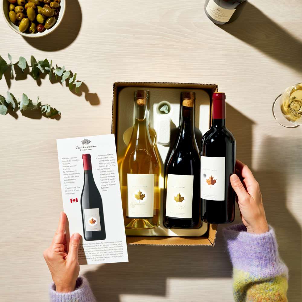 Three wine bottles with labels held by a person, with a box of more wine bottles and a leafy green garnish on a table.