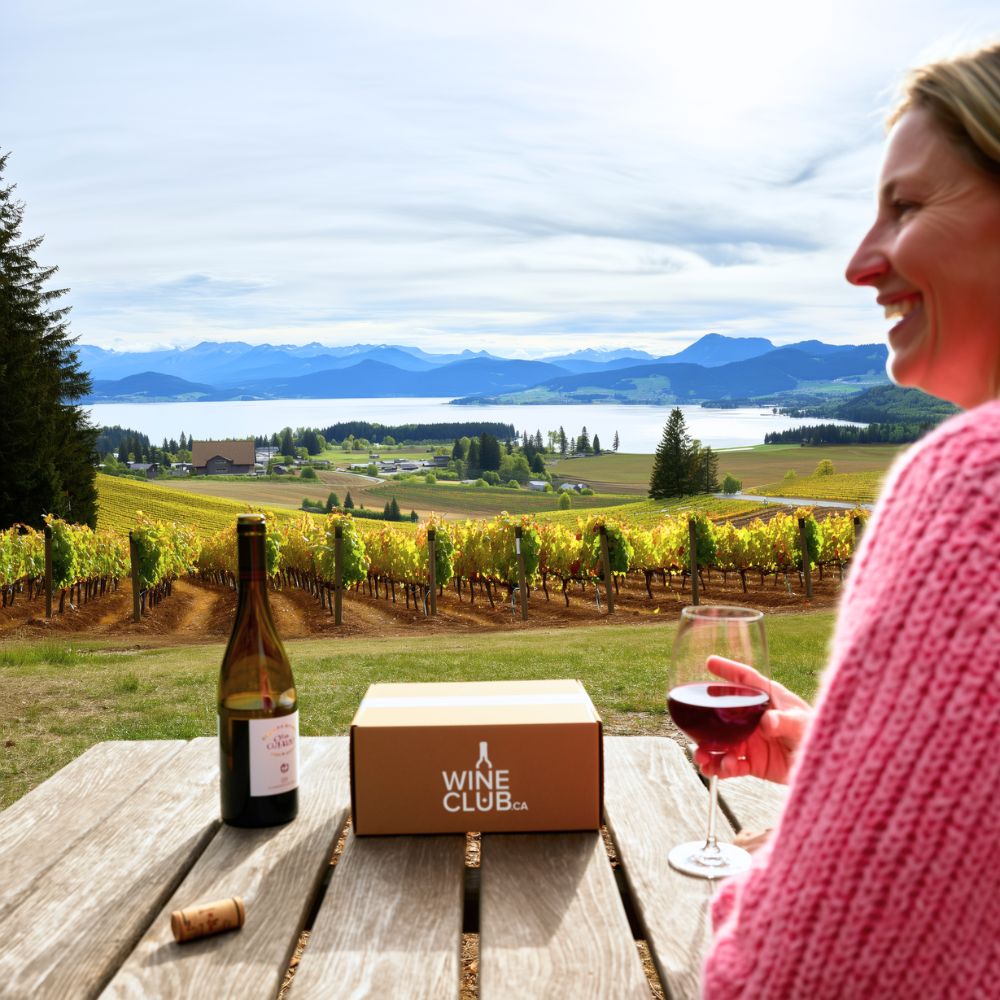Woman with wine glass in hand and bottle with wine club box and vineyard in background