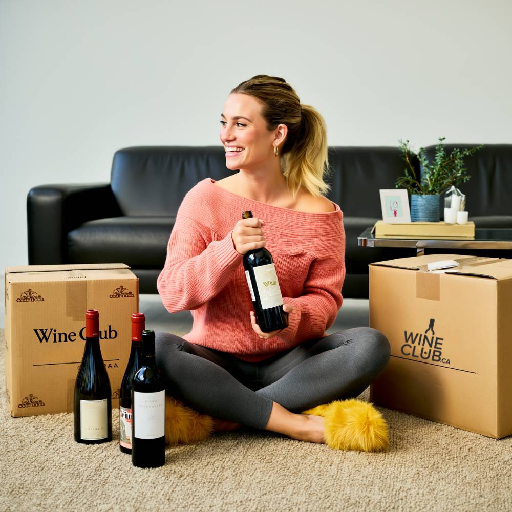 Woman holding a wine bottle with Wine Club boxes and bottles on the floor