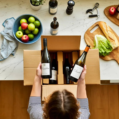 Person unpacking wine bottles from a box on a kitchen counter with apples and bread in the background.