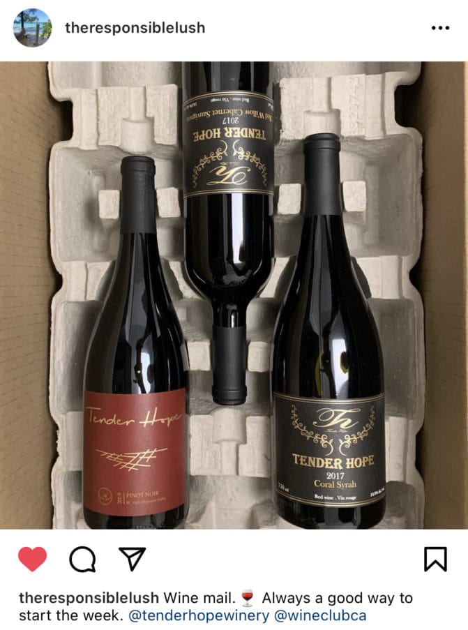 Screenshot of real customer instagram post on box delivery for wine club subscription
