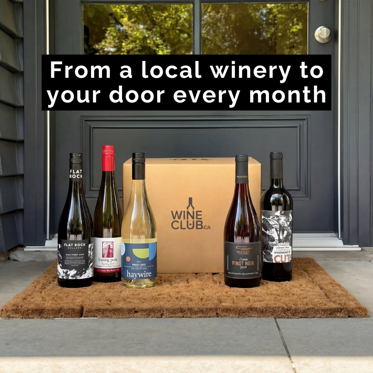 Wine bottles and a box on a doormat with text about a wine club service.