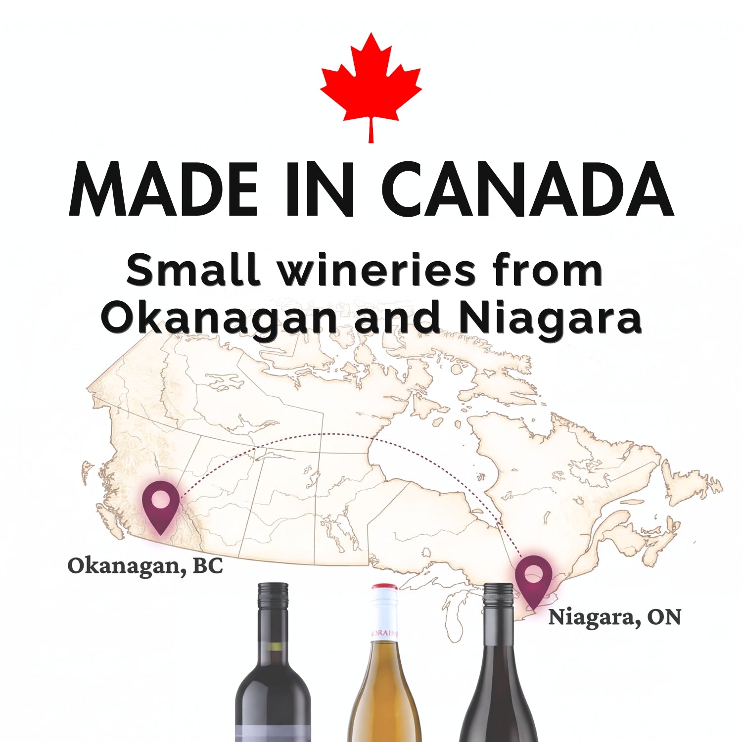 Advertisement for Canadian wines with a map of Canada, wine bottles, and a red maple leaf.