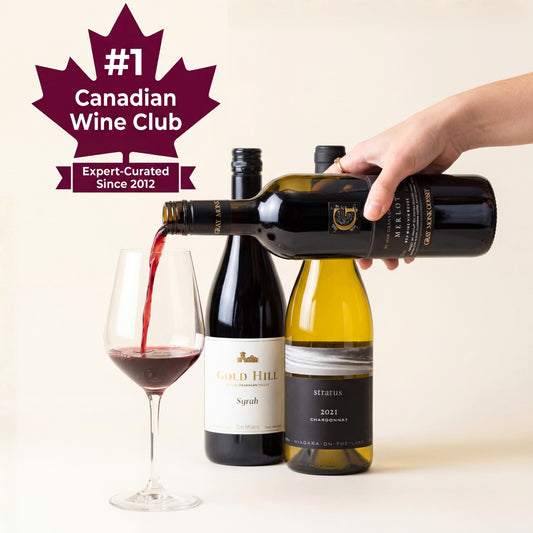 Wine bottles with a hand pouring wine into a glass, labeled as part of the #1 Canadian Wine Club since 2012.
