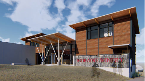 Exterior view of Moraine Winery building surrounded by vineyards