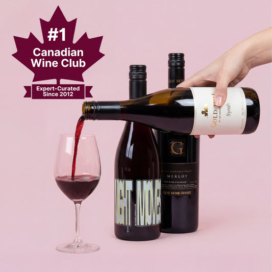 Wine pouring into a glass with wine club branding on a pink background