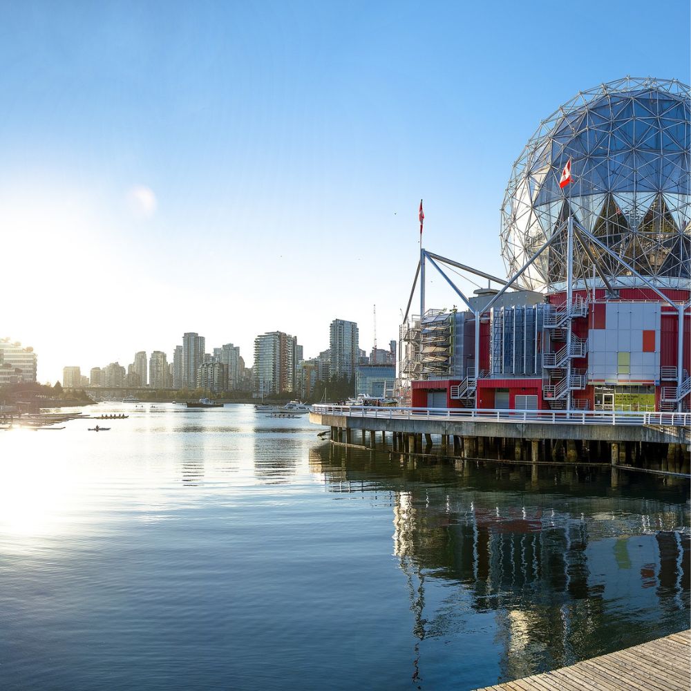 View of science world and water in vancouver, british columbia