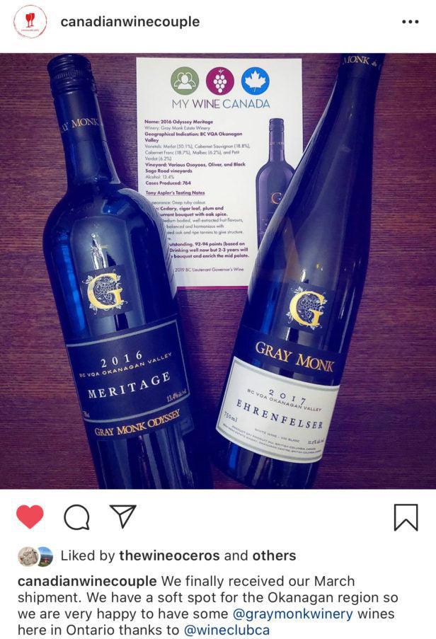 Screenshot of real customer instagram post after wine club subscription happy ontario box