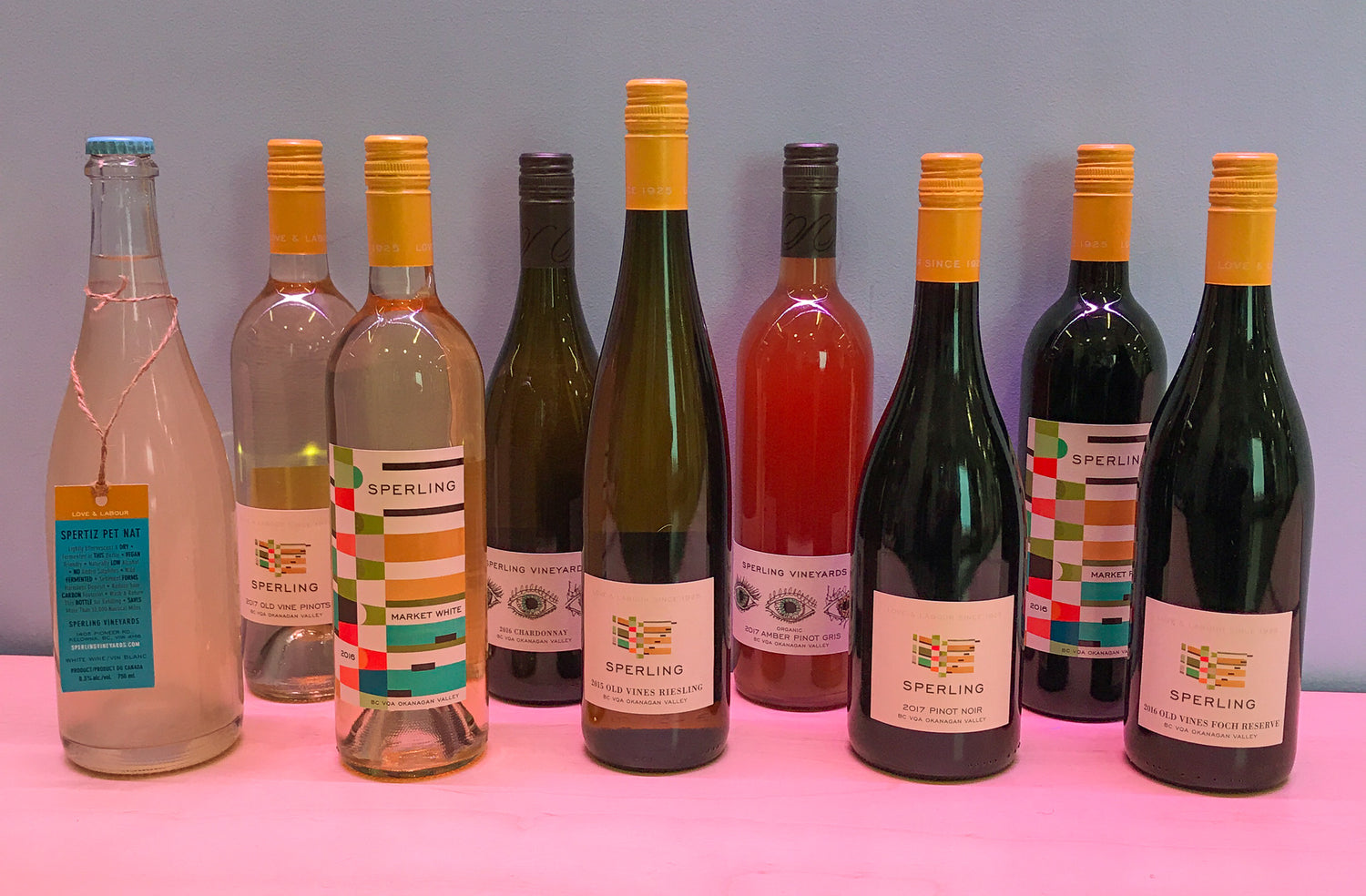 Sperling wine bottles displayed on a modern table for a tasting event for red and white wine