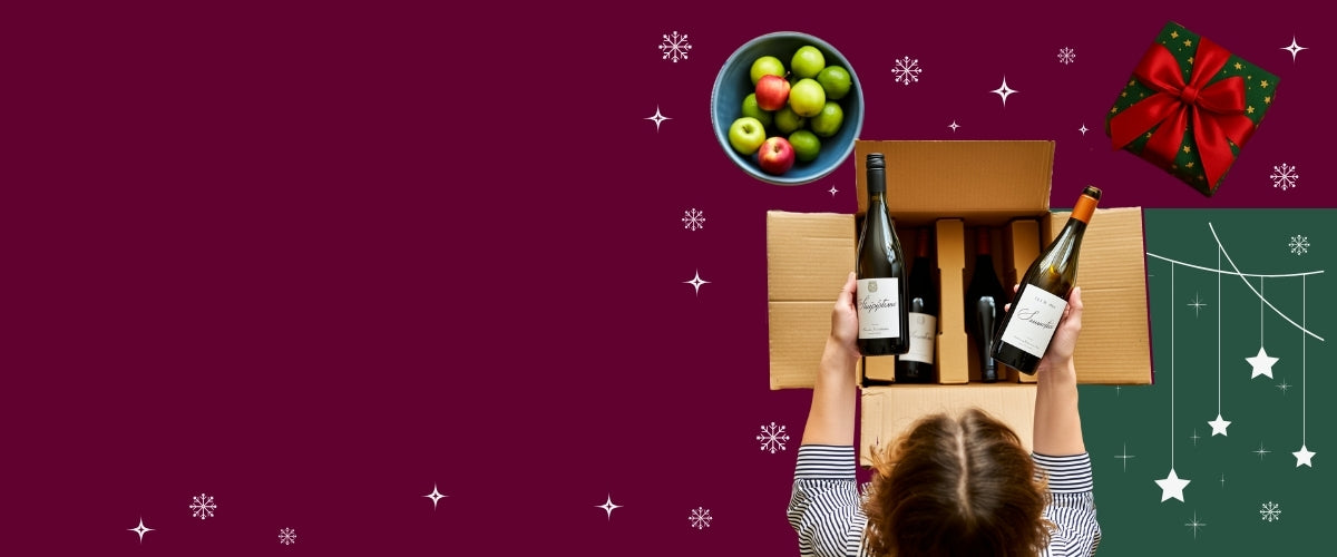 Two bottles of wine held above an open box with more wine bottles inside, on a purple background with decorative elements.